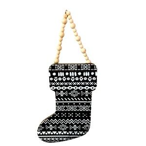 Farmhouse Christmas Black & White Wood Stocking With Natural Wood Beads Hanger